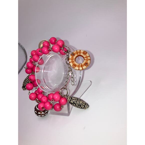 Pink Beaded Wood Ethnic Charms 9 3/8" Bracelet Vintage! - Picture 3 of 8